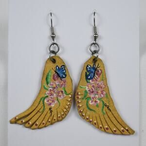 Handmade Painted Leather Wing Earrings Boho Western Tan Dangle Festival Cowgirl